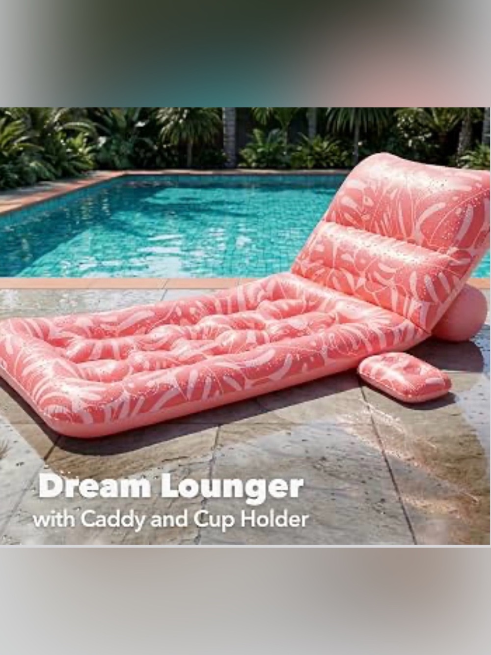 Pink Inflatable Pool Lounger with Built-In Headrest